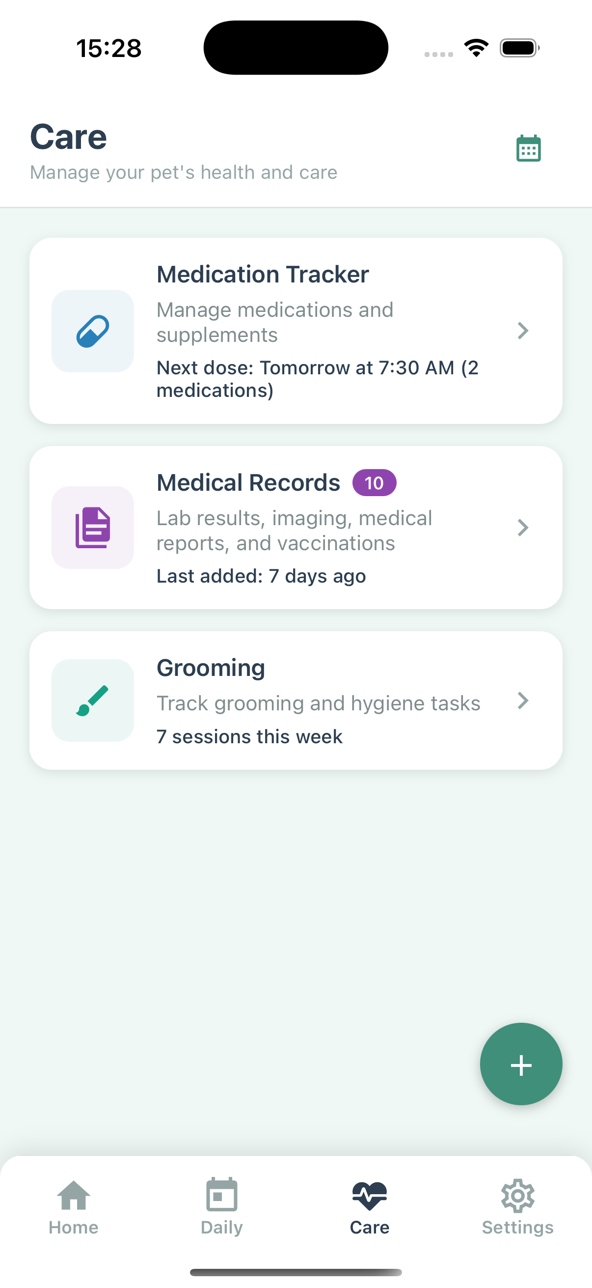 PetGoLife Care tab with medications, records, and grooming
