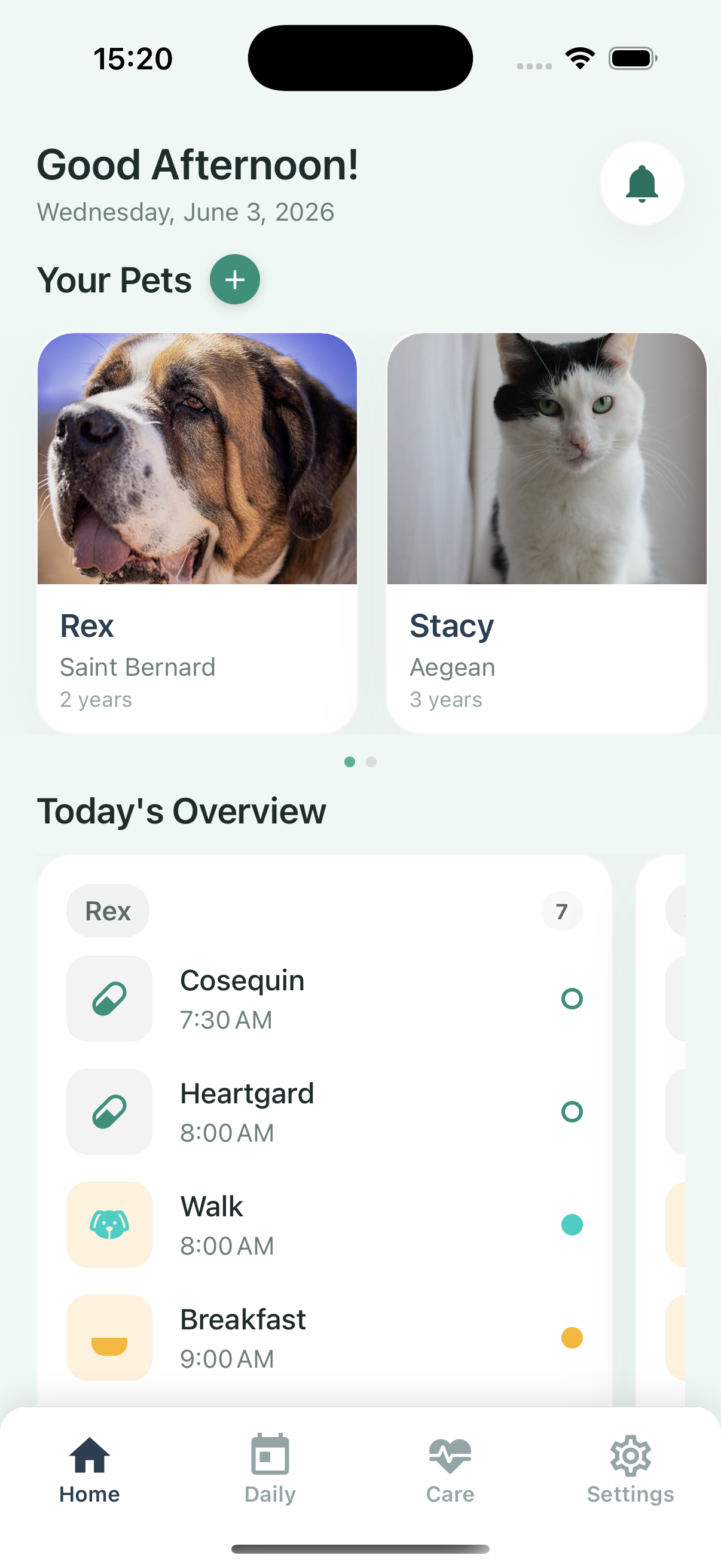 PetGoLife home screen showing multiple pets and today's care overview