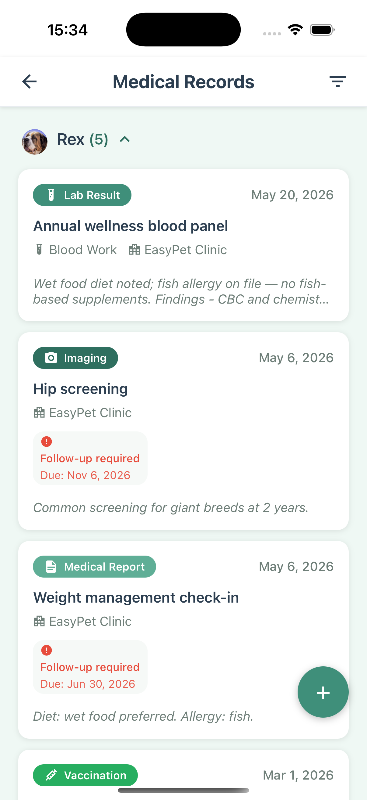 PetGoLife medical records list